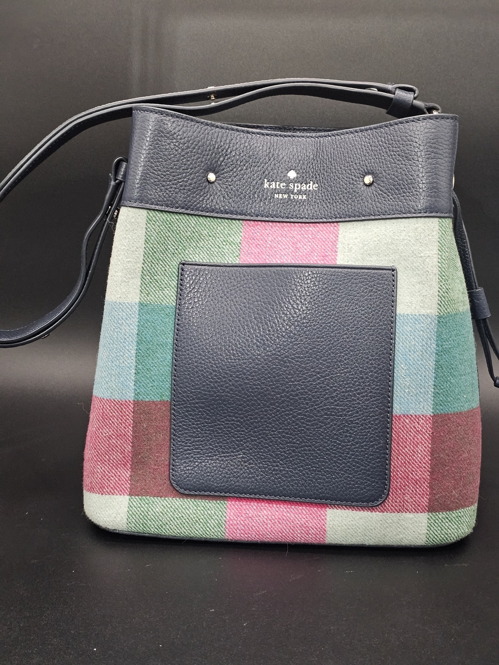 kate spade Navy Multicolor Plaid Shoulder Bucket Bag